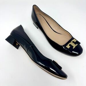 Tory Burch Gigi Black Patent Leather Block Heel Pumps with a Gold Logo